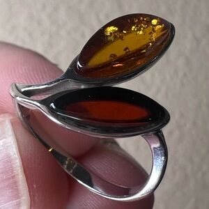 Vintage Sterling Silver Baltic Amber Leaf Ring Honey Cognac Size 9–9.5